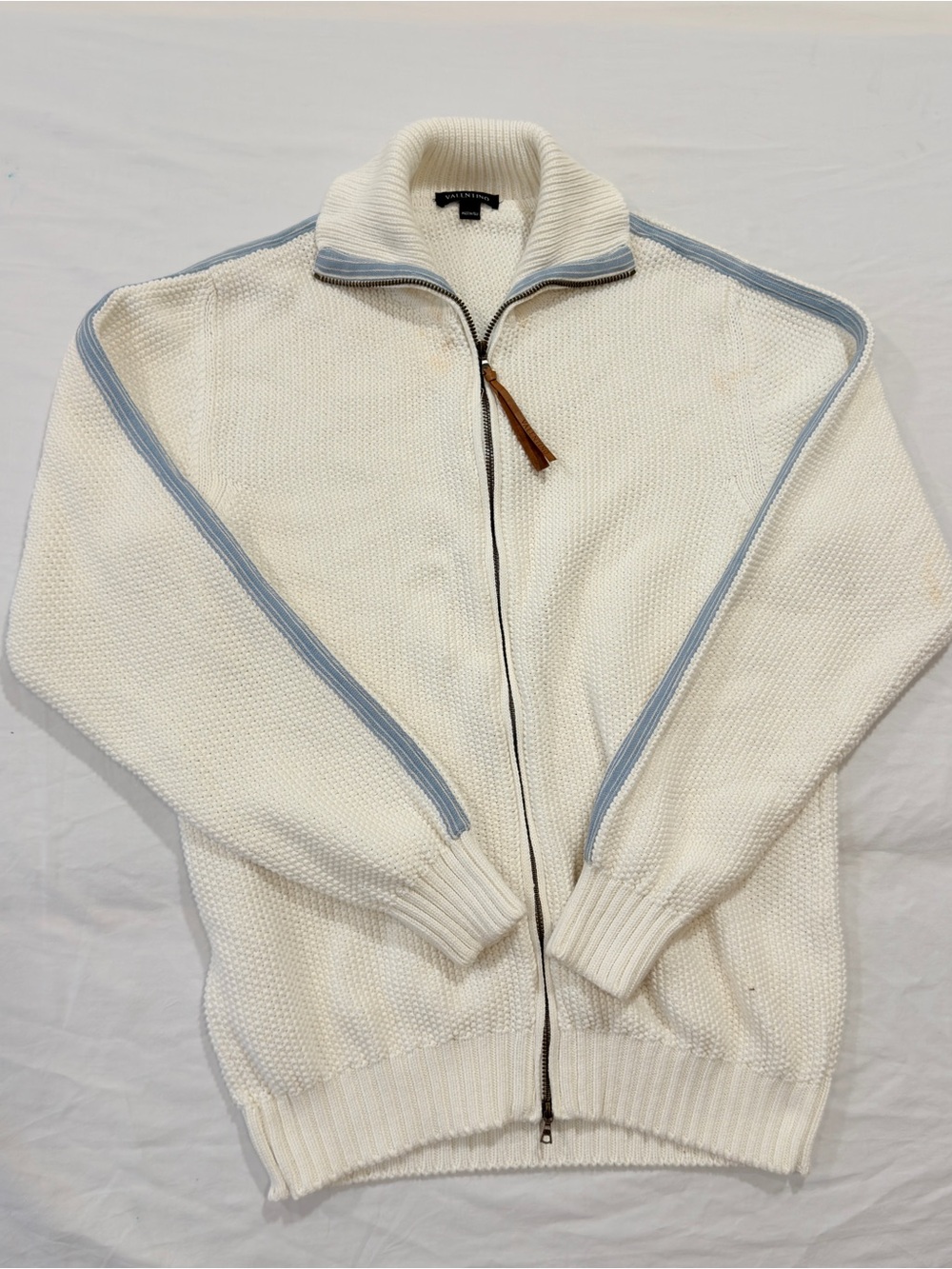 Vintage Valentino Knit Zip Sweater Jacket Cream Blue Trim Size S